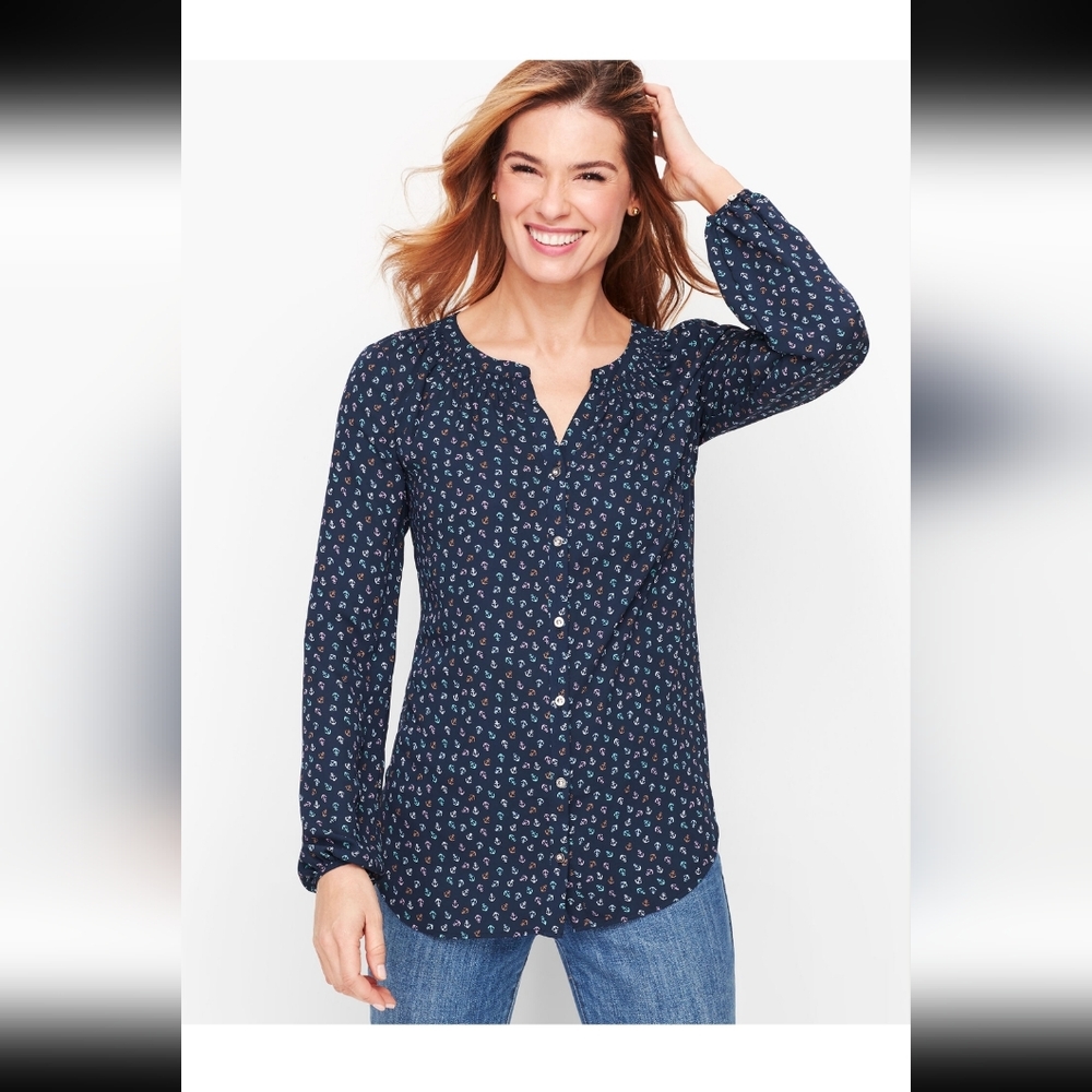 Talbots Navy Anchor Print Blouse